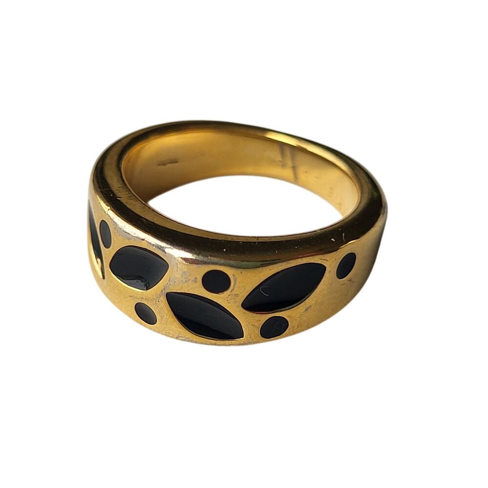 18K GE S/A Black Enamel Gold Tone Statement Band Ring Size 5.5